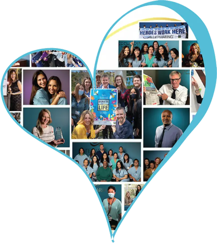 A collage of team members portraits that form a heart